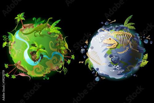 Vector cartoon fantastic planet Earth, world evolution set. Cosmic, space element for game, timeline infographic design. Illustration green tropical plants river with dinosaur, ice Age with bones,