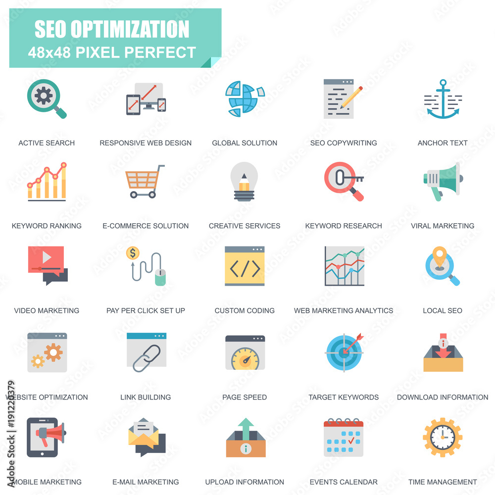 Simple Set of SEO Optimization Related Vector Flat Icons. Contains such Icons as Active Search, Video Marketing, Creative Services, Page Speed and more. Editable Stroke. 48x48 Pixel Perfect. Simple Set of SEO Optimization Related Vector Flat Icons. Contains such Icons as Active Search, Video Marketing, Creative Services, Page Speed and more. Editable Stroke. 48x48 Pixel Perfect.