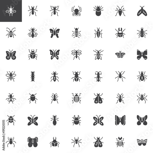Bug and insects vector icons set, modern solid symbol collection, filled style pictogram pack. Signs, logo illustration. Set includes icons as beetle, butterfly, spider, moth, flea, fly, caterpillar