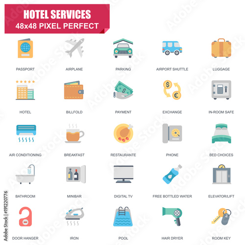 Simple Set of Hotel Services Related Vector Flat Icons. Contains such Icons as Passport, Luggage, Door Hanger, Bathroom, Bed Choices, Parking and more. Editable Stroke. 48x48 Pixel Perfect.