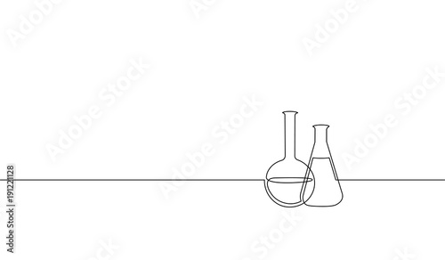 Single continuous line art chemical science flask. Scientific technology research medicine glass equipment design one sketch outline drawing vector illustration