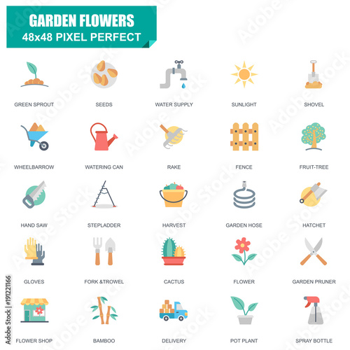 Simple Set of Garden Flowers Related Vector Flat Icons. Contains such Icons as Green Sprout, Seeds, Cactus, Stepladder, Harvest, Fruit-tree and more. Editable Stroke. 48x48 Pixel Perfect.