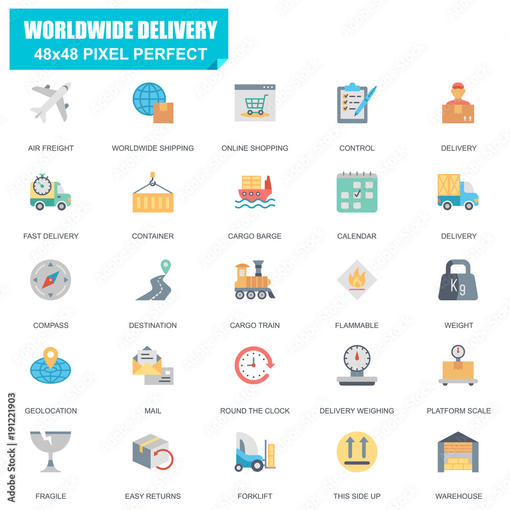 Simple Set of Delivery Related Vector Flat Icons. Contains such Icons as Air Freight, Cargo Train, Worldwide Shipping, Destination, Warehouse and more. Editable Stroke. 48x48 Pixel Perfect. Simple Set of Delivery Related Vector Flat Icons. Contains such Icons as Air Freight, Cargo Train, Worldwide Shipping, Destination, Warehouse and more. Editable Stroke. 48x48 Pixel Perfect.