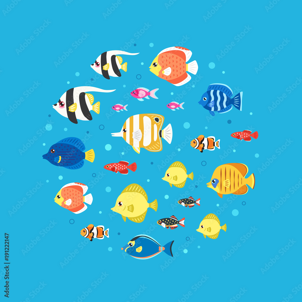 Colorful fish flat style circle vector illustration.