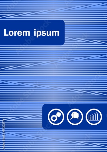 Blue abstract flyer or book cover template with icon panel. Poster with green line patterns on dark blue background, leaflet or cover design with place for own text