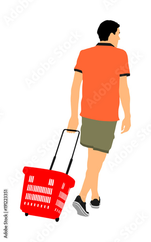Man doing everyday grocery shopping with shopping basket at supermarket, vector isolated on white background. Male usual walk after work with consumer bag buy food and another goods in market.