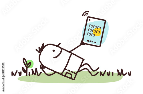 Cartoon Man Relaxing with His Tablet