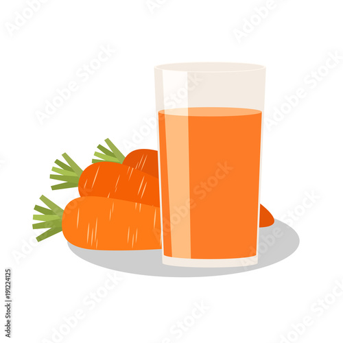 Glass of carrot juice. Bunch of roots. Vector illustration.