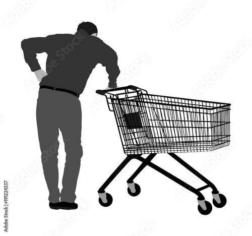 Man doing everyday grocery shopping with shopping basket at supermarket, vector isolated. Male usual after work with consumer bag buy food and another goods. Metal market trolley. Empty shopping cart.