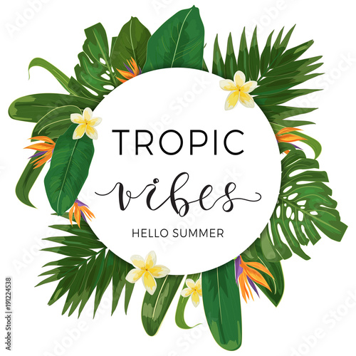 Template with tropical leves and flowers.