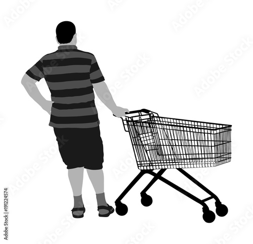 Man doing everyday grocery shopping with shopping basket at supermarket, vector isolated. Male usual after work with consumer bag buy food and another goods. Metal market trolley. Empty shopping cart.