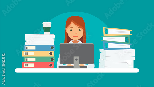 Unhappy stressed woman doing late at work with a lot of papers, piles of documents, computer. Office work, work load. Concept vector illustration in flat style.