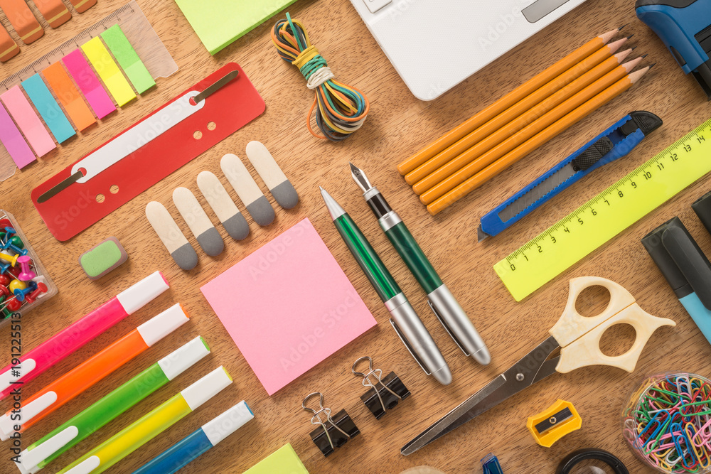  School office supplies on a desk 