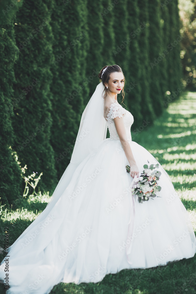 Beautiful bride posing in wedding dress outdoors