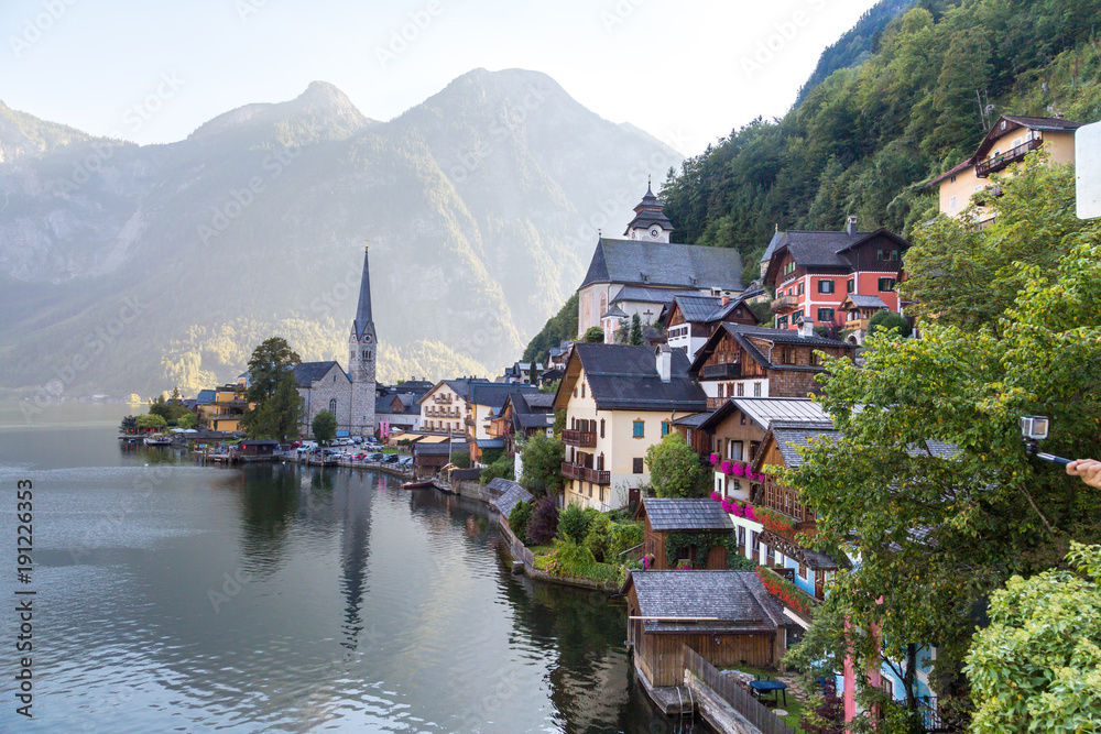 Hallstatt Village with Mountain Houses and Church