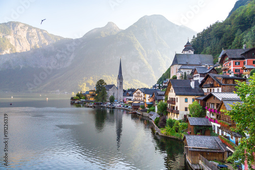 Hallstatt Village with Mountain Houses and Church
