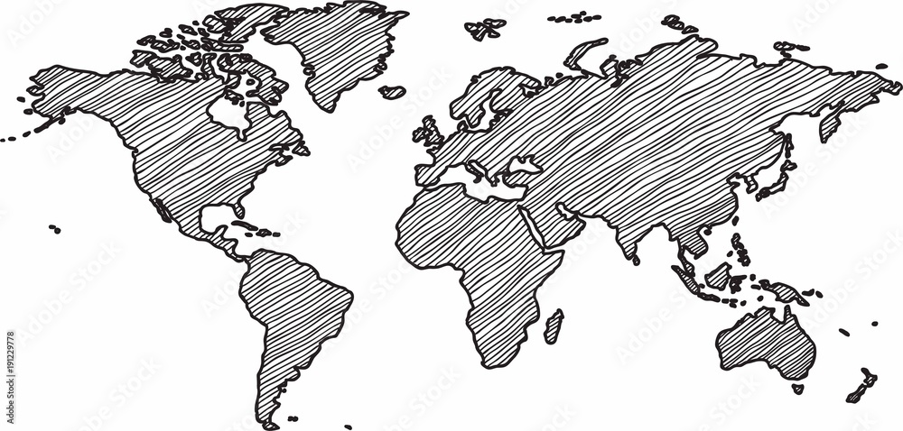 Naklejka premium Szkic mapy freehand świata na białym tle.