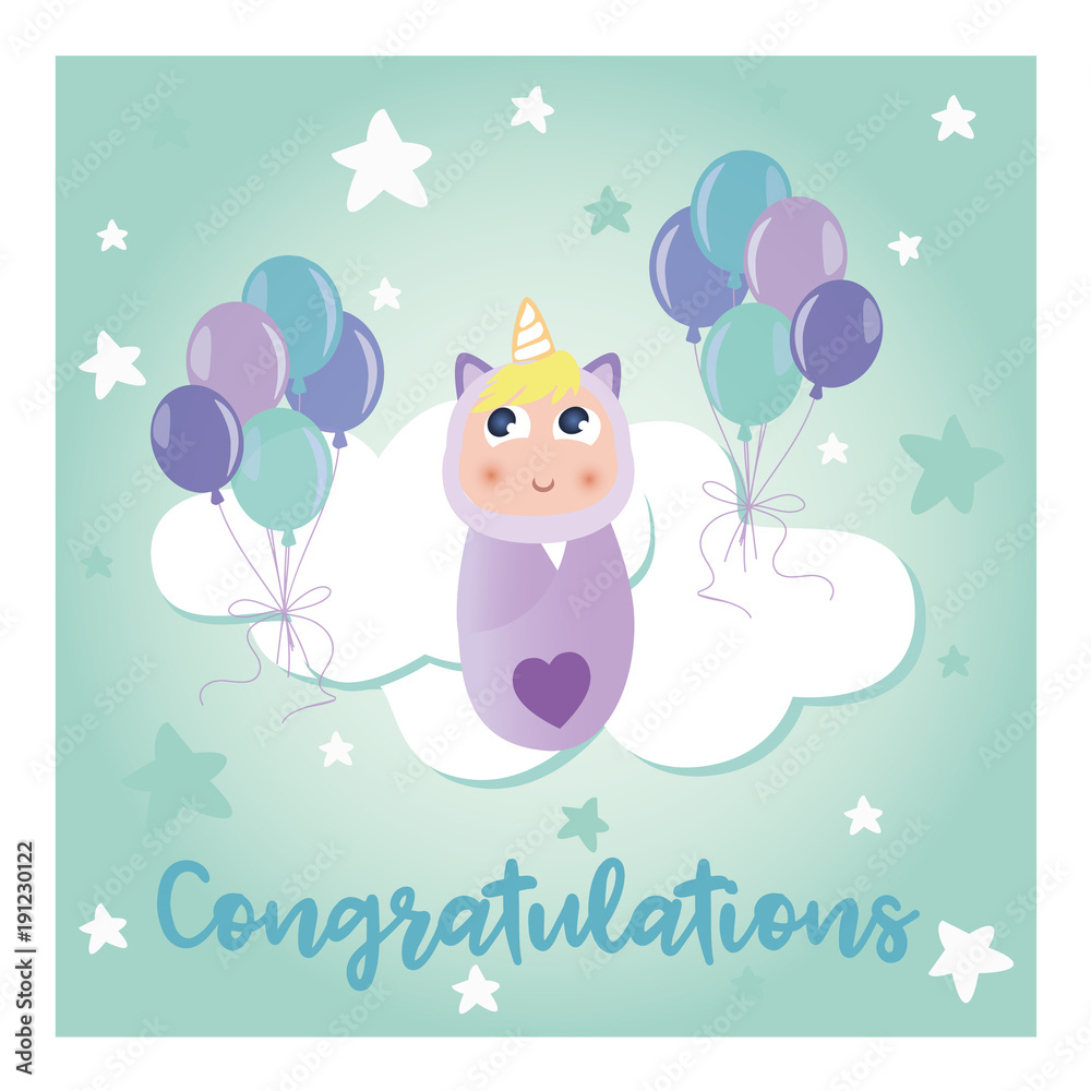 Purple and blue unicorn baby - congratulations card.