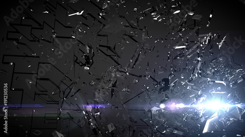 Smash glass cube, black background, lens flare. 3d illustration, 3d rendering.