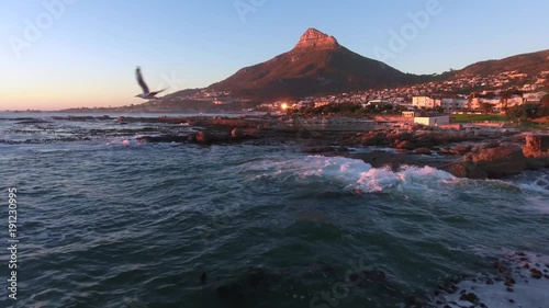 Aerial over Camps Bay in Cape Town, South Africa with a seagull chasing the drone