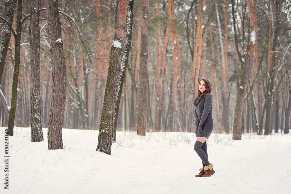 Winter portrait of a happy beautiful girl with brown hair in snow winter forest . Woman wearing knitted grey pullover dress and stockings high socks. Winter atmosphere, nature and freedom concept. Winter portrait of a happy beautiful girl with brown hair in snow winter forest . Woman wearing knitted grey pullover dress and stockings high socks. Winter atmosphere, nature and freedom concept.