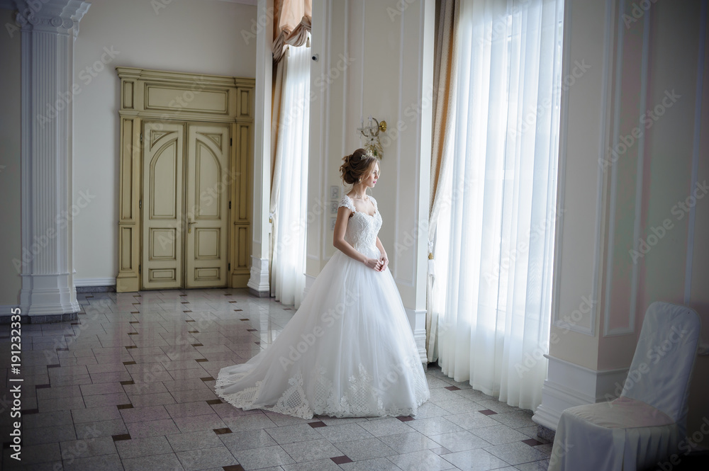 Beautiful bride in wedding dress before wedding ceremony in great hall Beautiful bride in wedding dress before wedding ceremony in great hall