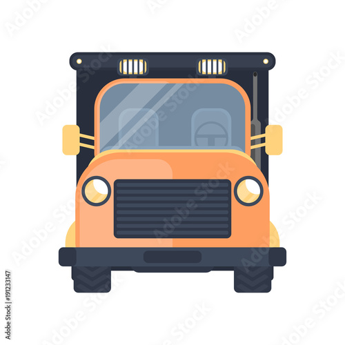 Lorry car front view. Truck for transportation varuous objects. Vector illustration.