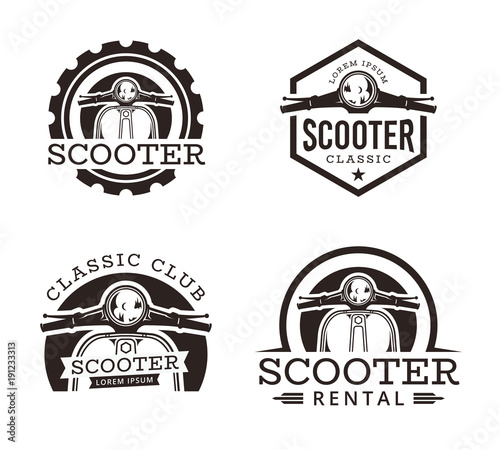 Set of Classic scooter emblems, icons and badges. Vector illustration of vintage scooters on white background. Transportation logo