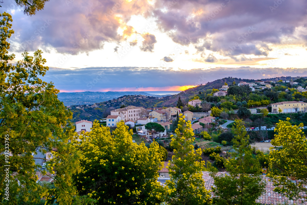 Vue panoramique sur le massif et le village de Tanneron, lever de soleil, arbres de mimosa en fleurs. Provence, suden de France.