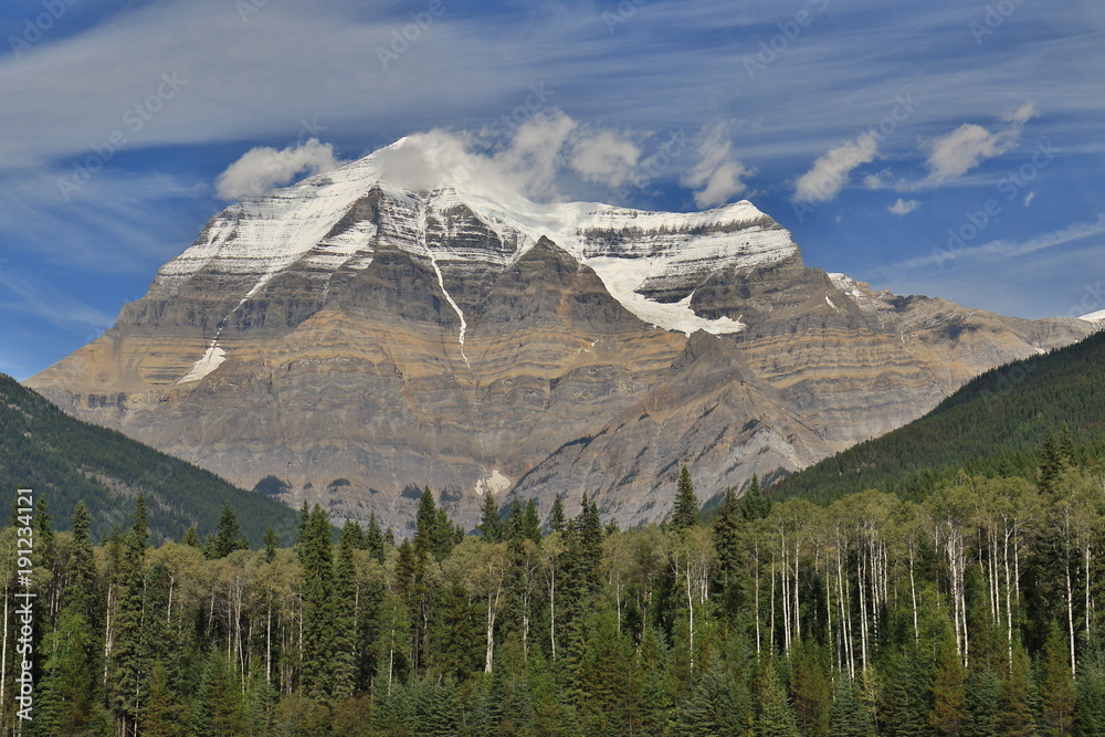 mount robson in clear view with just a few clouds