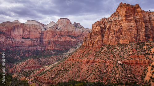 Red rocks. Amazing mountain landscape. Breathtaking view of the canyon. Zion National Park, Utah, USA