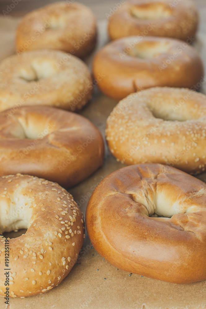 Variety of fresh plain bagels Variety of fresh plain bagels