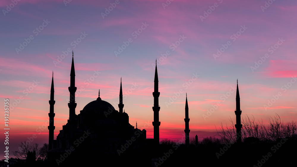 Istanbul, Turkey. Sultan Ahmet Camii named Blue Mosque turkish islamic landmark with six minarets, main attraction of the city.