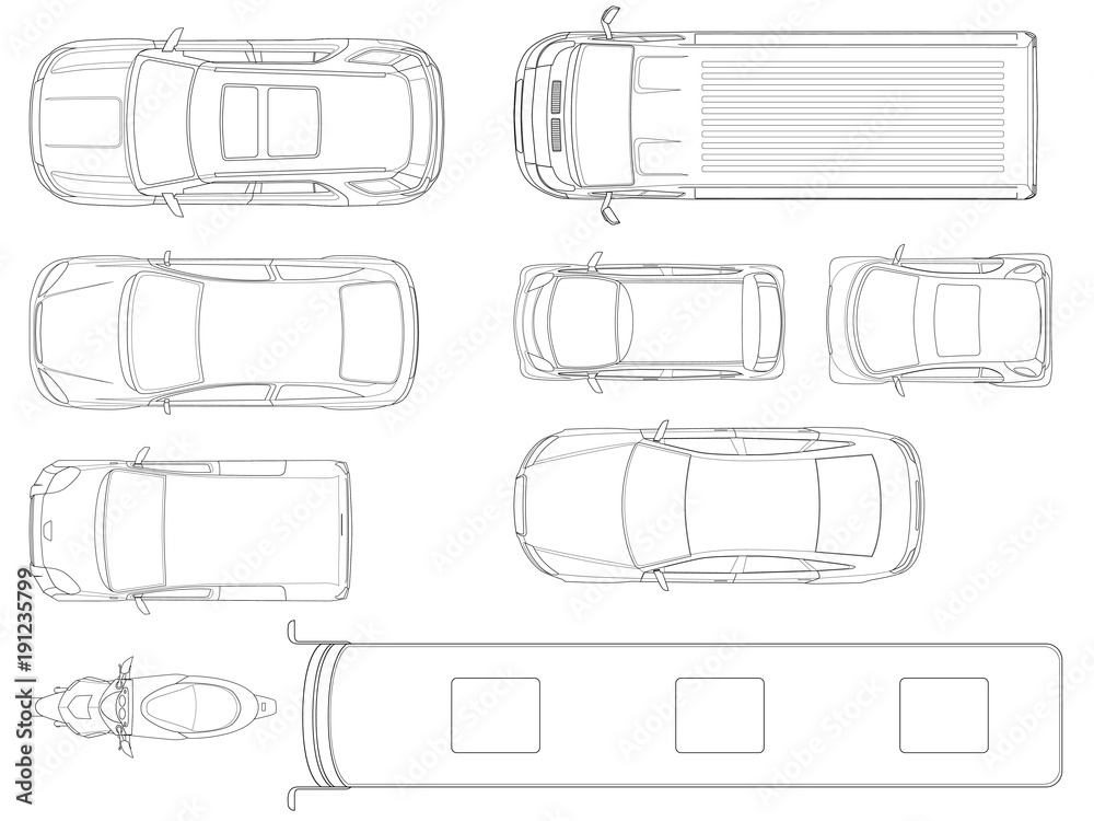 Fototapeta premium Set of cars top view in outline. Vector set of outline icons cars. City transport. View to the top