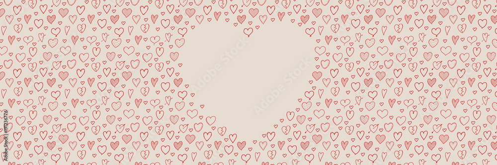Concept of poster with hand drawn hearts and copyspace. Valentine's Day, Mother's Day or Women's Day. Vector.