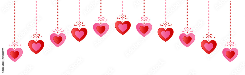 Concept of panoramic header with hanging paper cut hearts. Valentine's Day, Mother's Day or Women's Day. Vector.