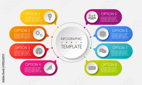 Template of multicoloured infograhic with icons and options. Vector.