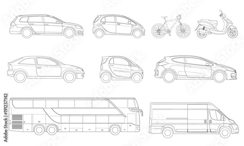 Vector set of outline icons cars. View to the side City transport.