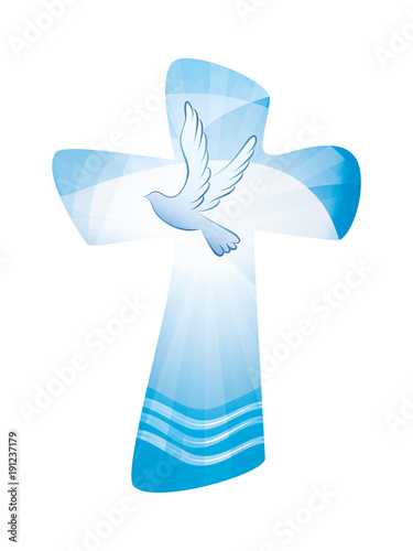 Baptism christian cross whit waves of water and dove on blue background