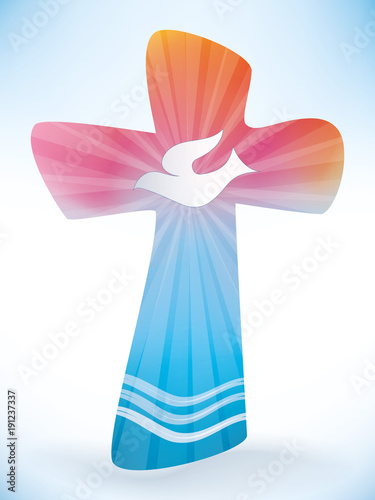 Christian cross baptism with waves of water and dove on colorful background