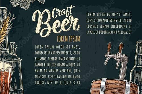 Beer poster with tap, class, can, bottle and tanks from brewery factory.