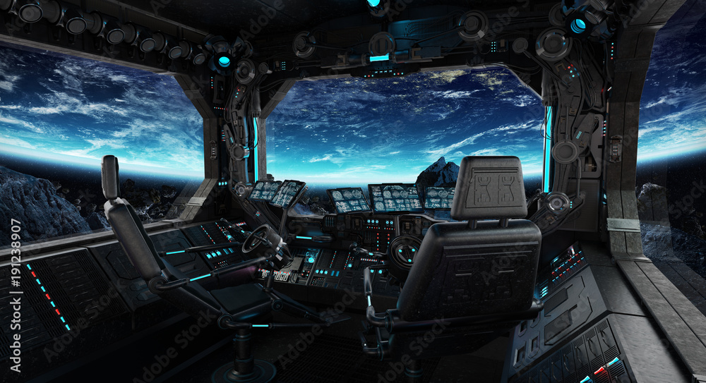 Obraz premium Spaceship grunge interior with view on planet Earth