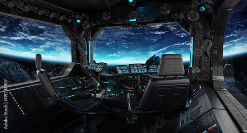 Spaceship grunge interior with view on planet Earth