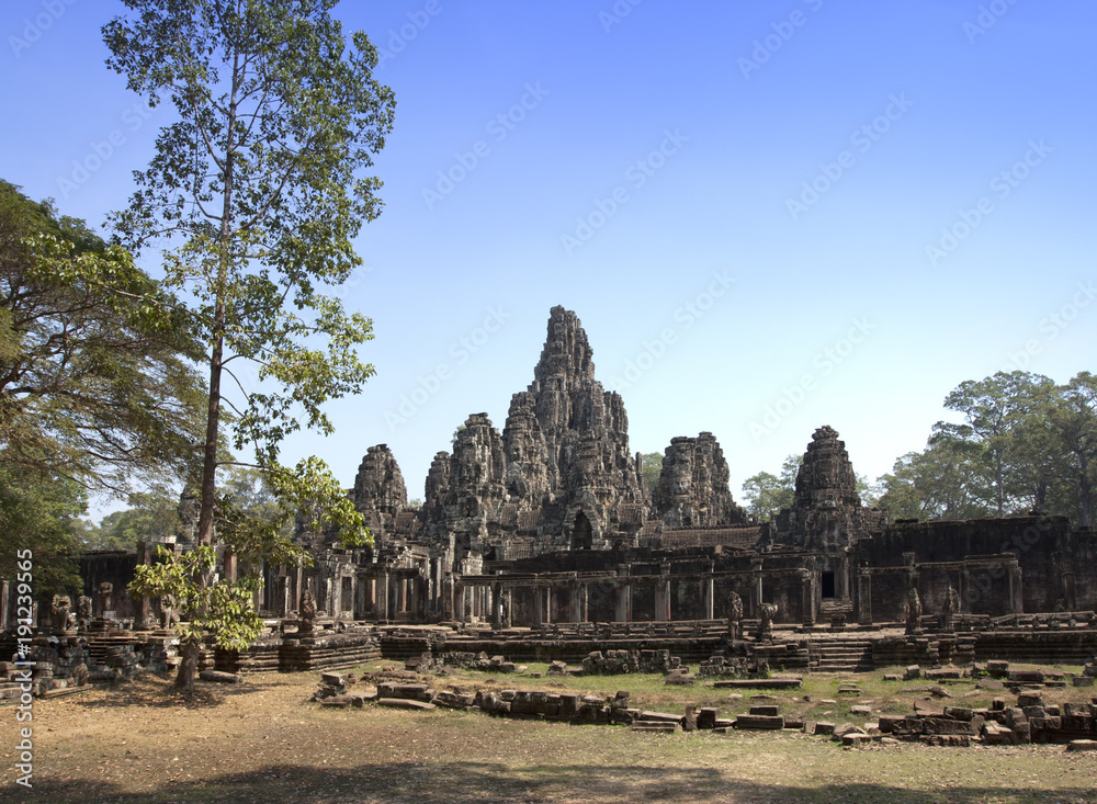 Ancient Bayon Temple ruins, 12th century, in Angkor Wat, Siem Reap, Cambodia...