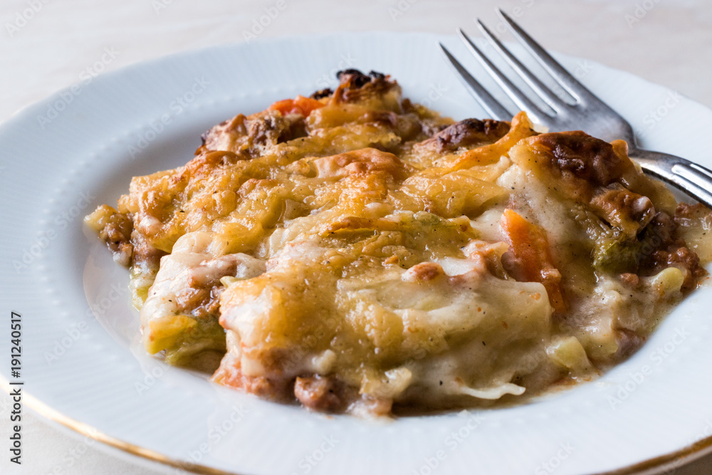 Portion of Vetegables Gratin with Minced Meat and Cheese. Portion of Vetegables Gratin with Minced Meat and Cheese.