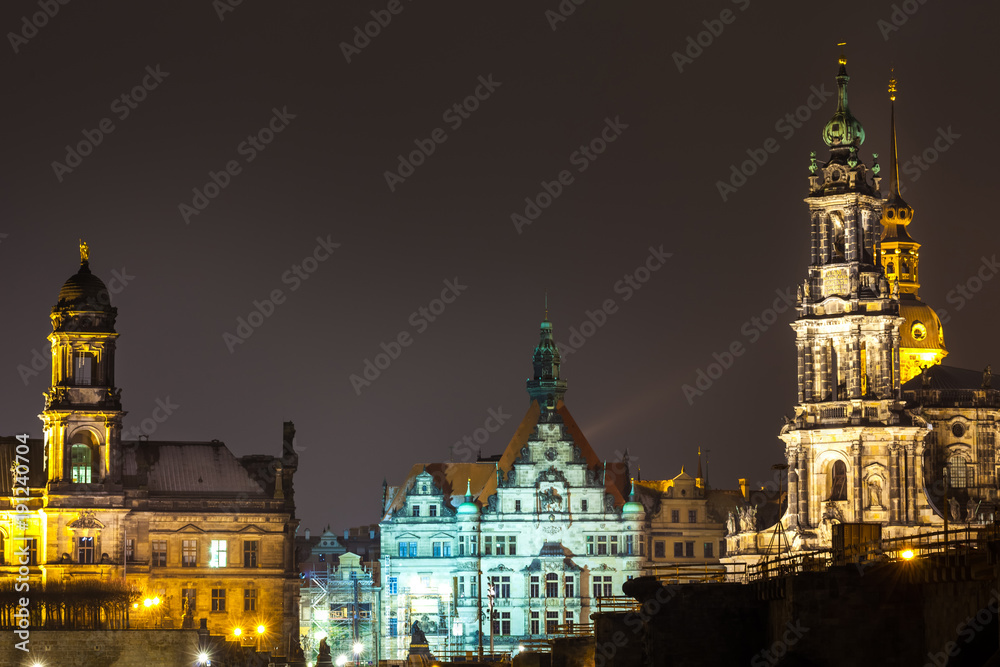 Night view of the Old Town architecture with Elbe river embankment in Dresden, Saxony, Germany