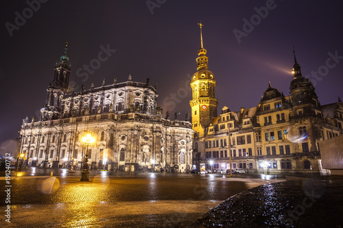 Night view of the Old Town architecture with Elbe river embankment in Dresden  Saxony  Germany