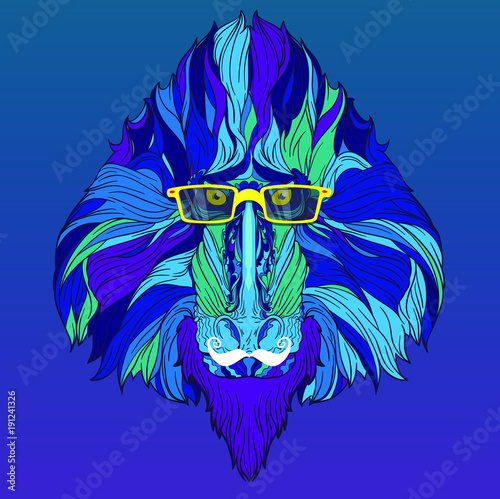 Vector ornament face of fashion monkey mandrill with yellow eyeglasses and white mustache. Isolated on blue gradient background.