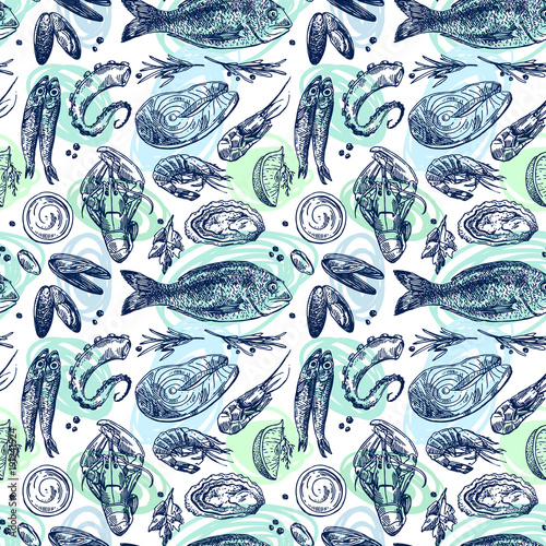 Hand drawn vector illustration sea food. Vintage sketch style.