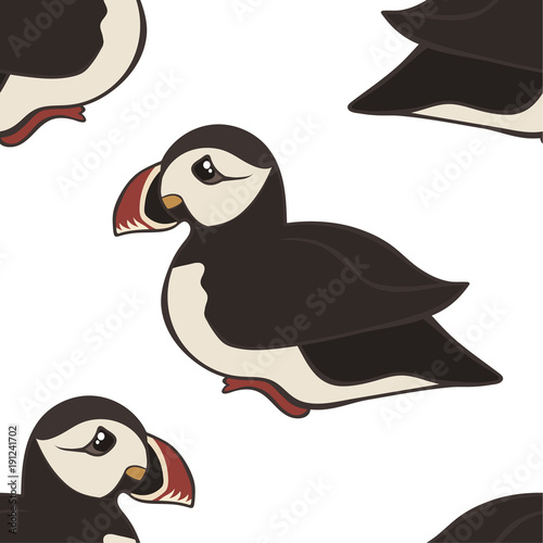 Vector seamless pattern with hand drawn atlantic puffins isolated on white background. Funny puffin character, beautiful design elements. Cute cartoon Icelandic puffin bird. Design for print or web.